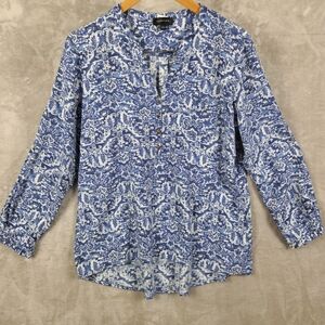 Spense Floral Boho Popover Blouse With Roll‎ Tab Sleeves Blue/White Size XL
